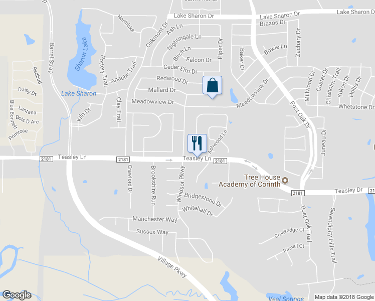 map of restaurants, bars, coffee shops, grocery stores, and more near 3216 Blue Jay Drive in Corinth