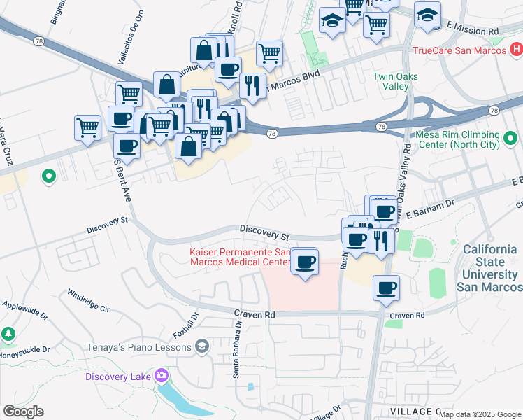 map of restaurants, bars, coffee shops, grocery stores, and more near 357 Happy Hill Lane in San Marcos
