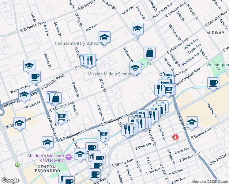 map of restaurants, bars, coffee shops, grocery stores, and more near 706 North Fig Street in Escondido