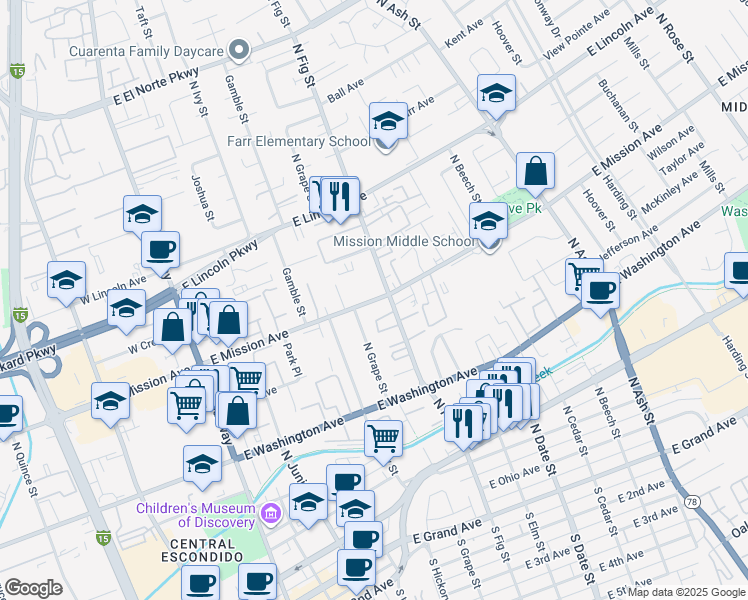 map of restaurants, bars, coffee shops, grocery stores, and more near 611 East Mission Avenue in Escondido