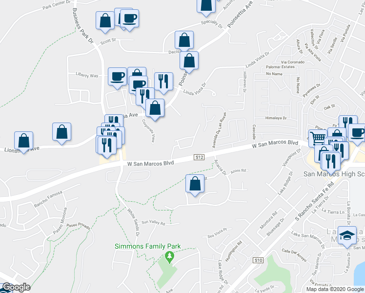 map of restaurants, bars, coffee shops, grocery stores, and more near 1564 West San Marcos Boulevard in Vista