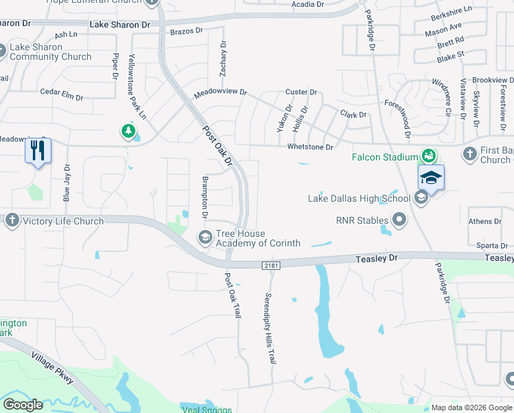 map of restaurants, bars, coffee shops, grocery stores, and more near 3212 Juneau Drive in Corinth