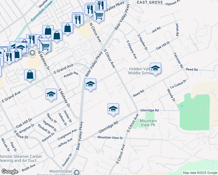 map of restaurants, bars, coffee shops, grocery stores, and more near 612 Momar Lane in Escondido