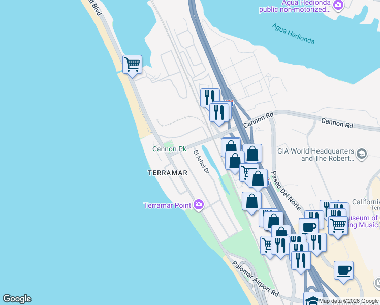 map of restaurants, bars, coffee shops, grocery stores, and more near 5091 El Arbol Drive in Carlsbad