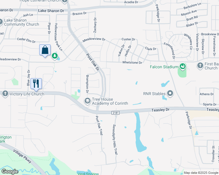 map of restaurants, bars, coffee shops, grocery stores, and more near 3212 Juneau Drive in Corinth