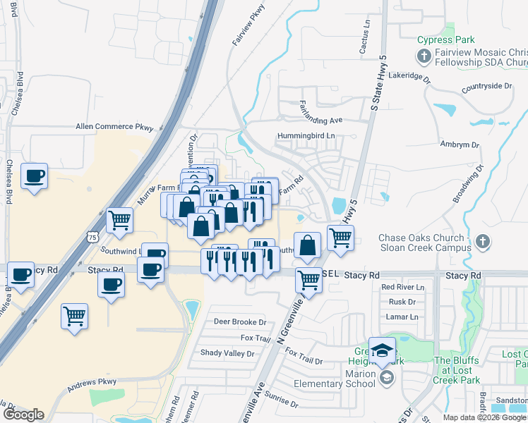 map of restaurants, bars, coffee shops, grocery stores, and more near 232 Town Place in Fairview