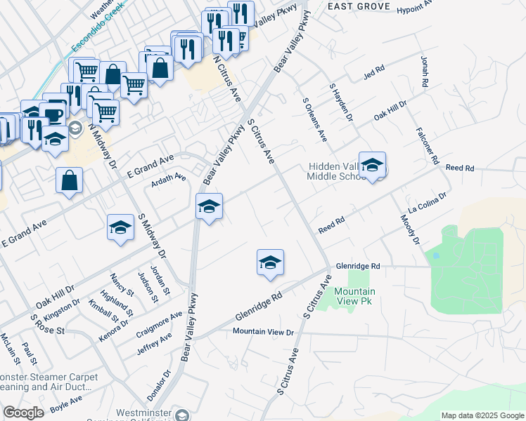 map of restaurants, bars, coffee shops, grocery stores, and more near 612 Momar Lane in Escondido