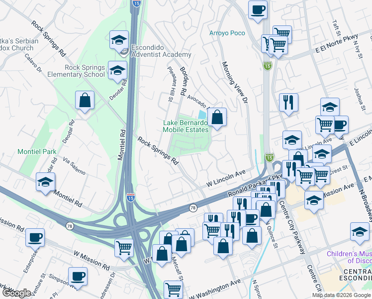 map of restaurants, bars, coffee shops, grocery stores, and more near 1202 Borden Road in Escondido
