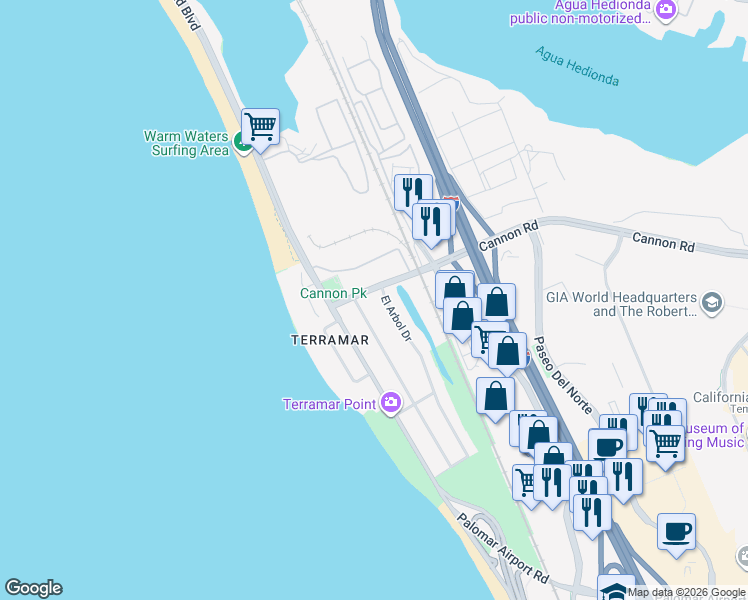 map of restaurants, bars, coffee shops, grocery stores, and more near 5091 El Arbol Drive in Carlsbad