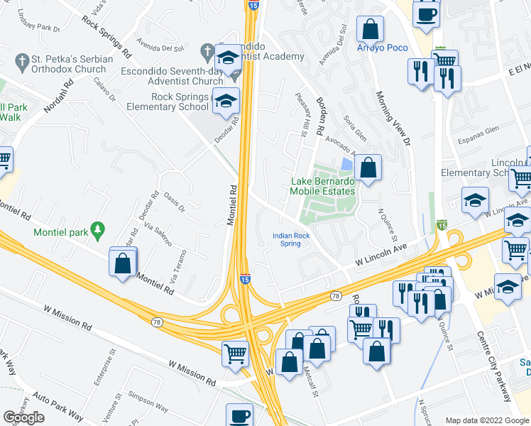 map of restaurants, bars, coffee shops, grocery stores, and more near 1160 Corral Glen in Escondido