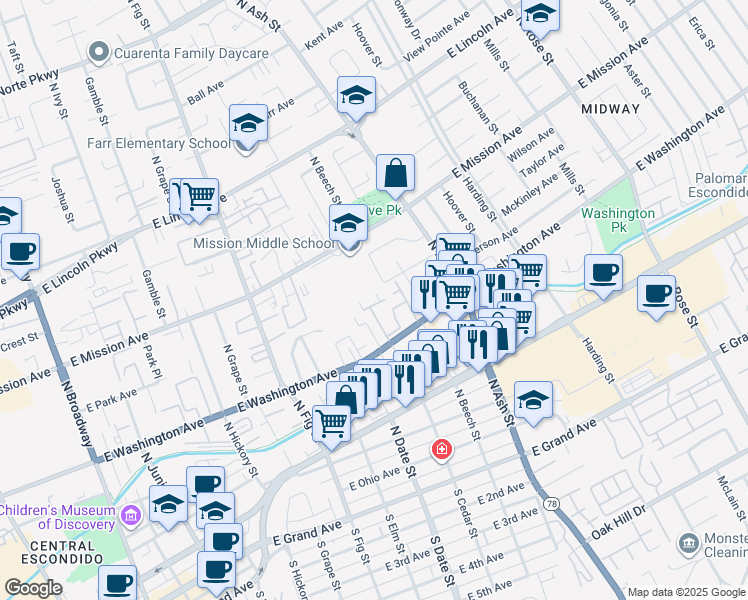 map of restaurants, bars, coffee shops, grocery stores, and more near 717 Rustic Road North in Escondido