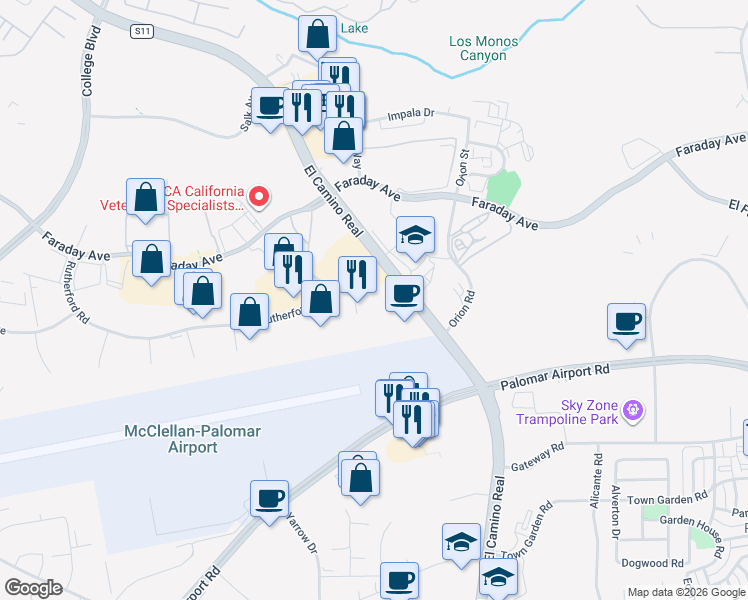 map of restaurants, bars, coffee shops, grocery stores, and more near 5950 La Place Court in Carlsbad