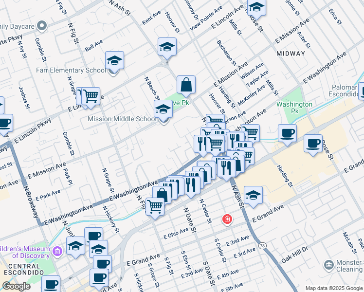 map of restaurants, bars, coffee shops, grocery stores, and more near 1020 East Washington Avenue in Escondido