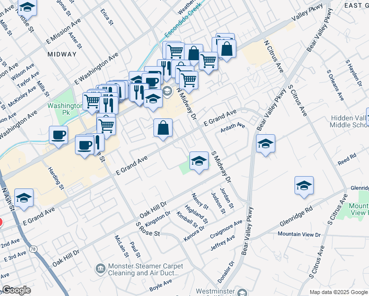map of restaurants, bars, coffee shops, grocery stores, and more near 1915 East Grand Avenue in Escondido