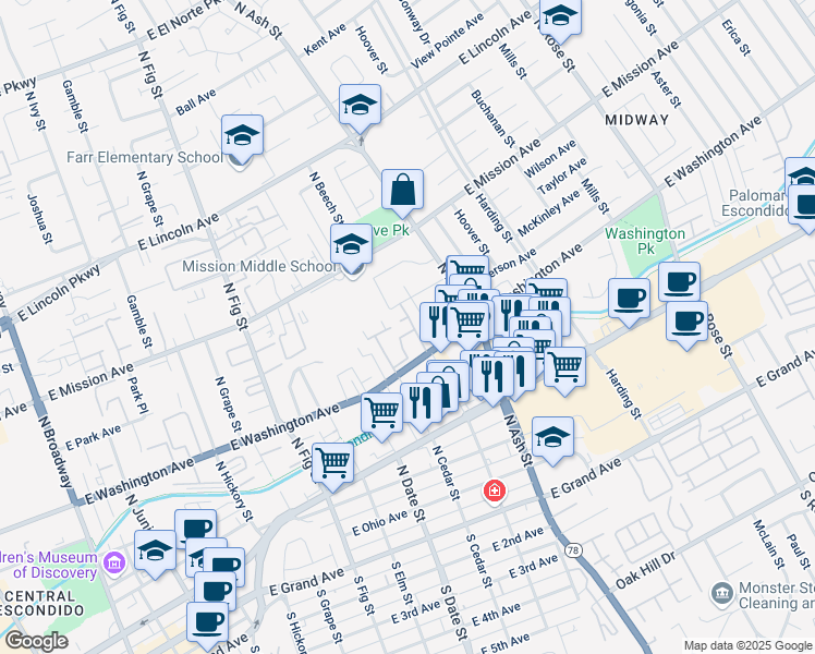 map of restaurants, bars, coffee shops, grocery stores, and more near 665 Beechwood Street in Escondido