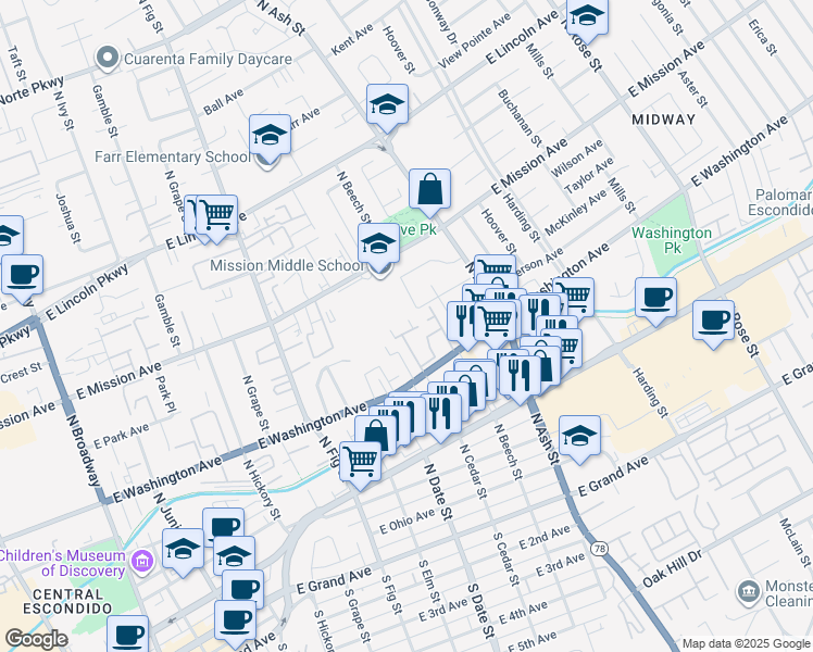 map of restaurants, bars, coffee shops, grocery stores, and more near 717 Rustic Road North in Escondido