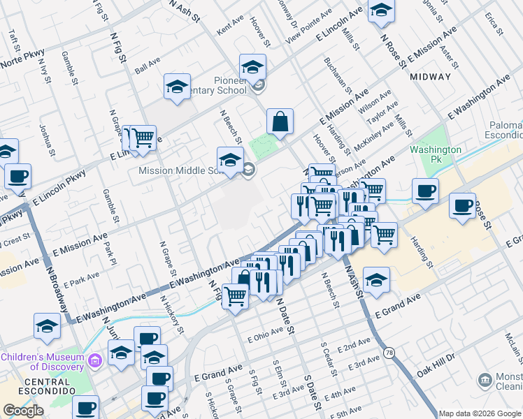 map of restaurants, bars, coffee shops, grocery stores, and more near 717 North Rustic Road in Escondido