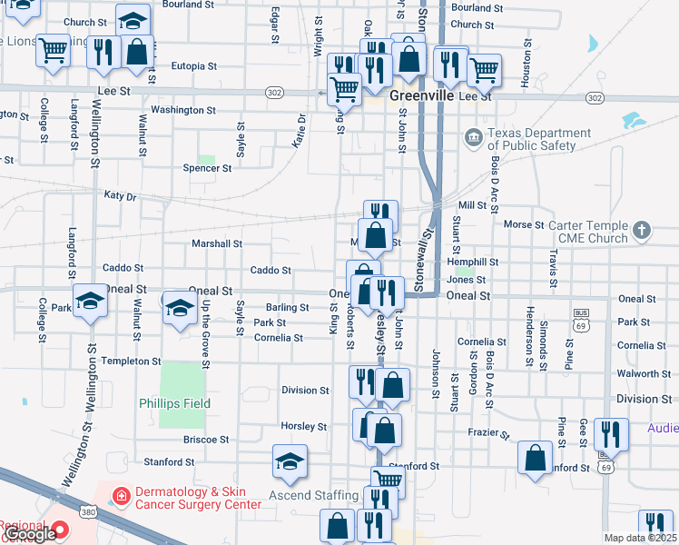map of restaurants, bars, coffee shops, grocery stores, and more near 2912 Hemphill Street in Greenville
