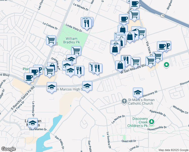 map of restaurants, bars, coffee shops, grocery stores, and more near 1290 W San Marcos Blvd in San Marcos
