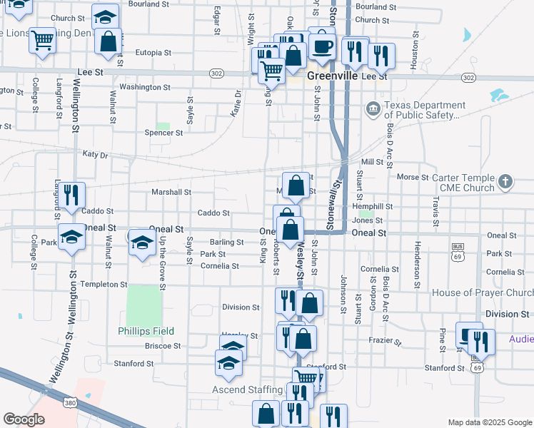 map of restaurants, bars, coffee shops, grocery stores, and more near 2912 Hemphill Street in Greenville