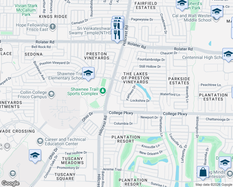 map of restaurants, bars, coffee shops, grocery stores, and more near 6625 Canterbury Drive in Frisco