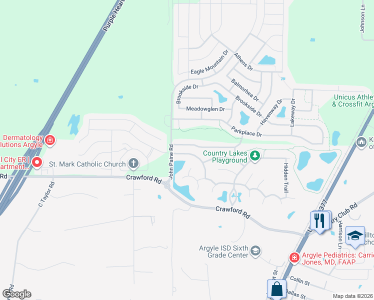 map of restaurants, bars, coffee shops, grocery stores, and more near 440 Meandering Creek Drive in Argyle