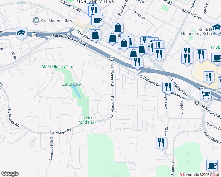 map of restaurants, bars, coffee shops, grocery stores, and more near 863 English Holly Lane in San Marcos