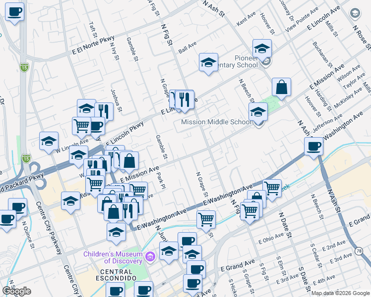 map of restaurants, bars, coffee shops, grocery stores, and more near 570 East Mission Avenue in Escondido