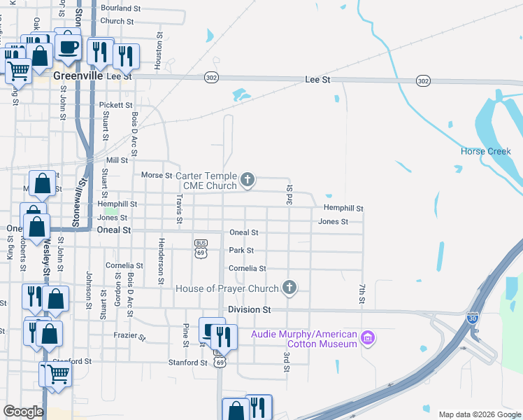 map of restaurants, bars, coffee shops, grocery stores, and more near 1317 Marshall Street in Greenville