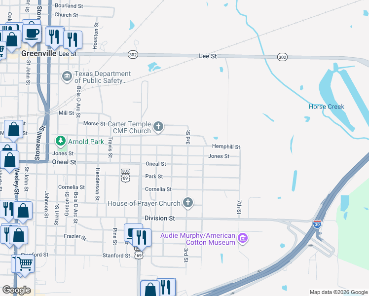 map of restaurants, bars, coffee shops, grocery stores, and more near 1207 Marshall Street in Greenville