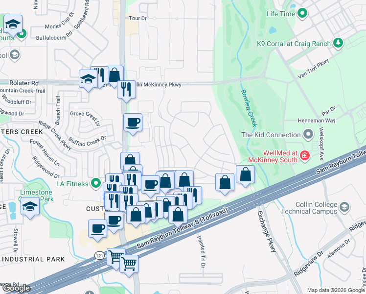 map of restaurants, bars, coffee shops, grocery stores, and more near Bellerive Drive in Allen