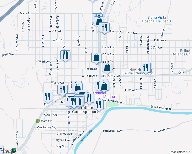 map of restaurants, bars, coffee shops, grocery stores, and more near 112 West 3rd Avenue in Truth or Consequences