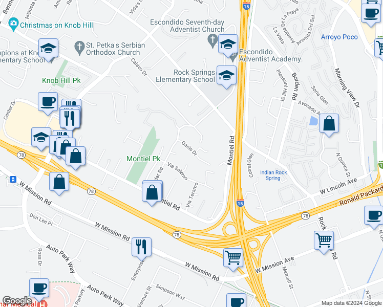 map of restaurants, bars, coffee shops, grocery stores, and more near 1249 Oasis Drive in Escondido