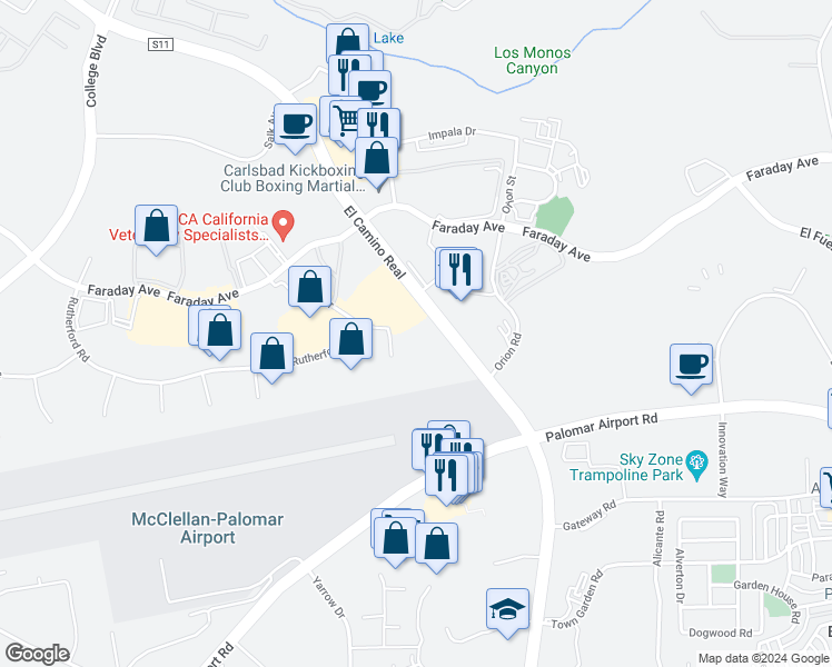 map of restaurants, bars, coffee shops, grocery stores, and more near 3260 La Place Court in Carlsbad
