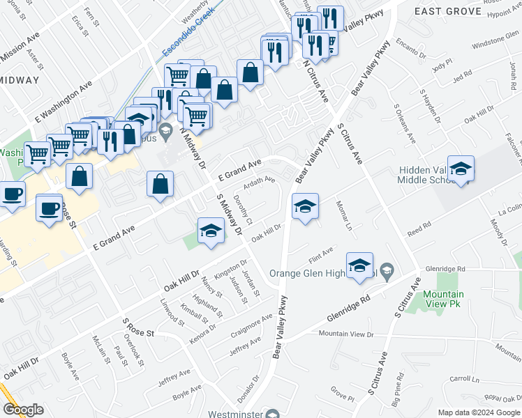 map of restaurants, bars, coffee shops, grocery stores, and more near 2051 Weathervane Avenue in Escondido