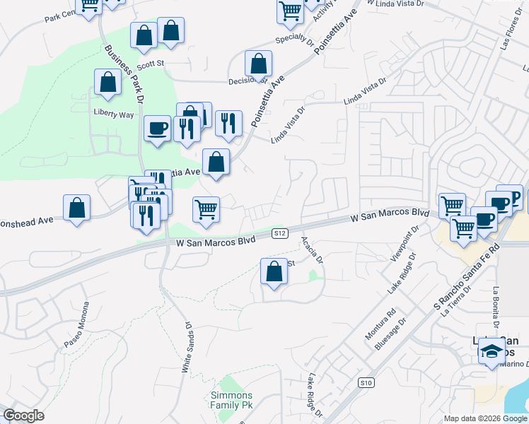 map of restaurants, bars, coffee shops, grocery stores, and more near 2459 Verano Way in Vista
