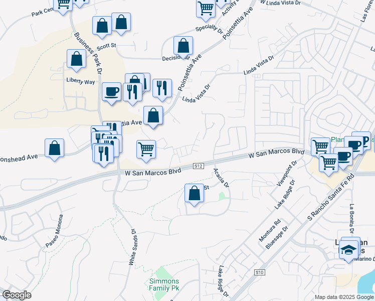 map of restaurants, bars, coffee shops, grocery stores, and more near 2231 Solara Lane in Vista