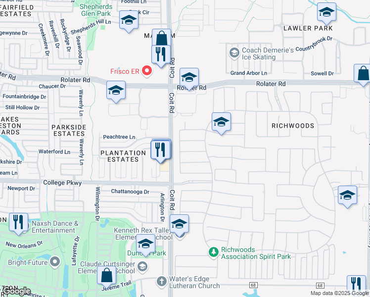 map of restaurants, bars, coffee shops, grocery stores, and more near 12883 Lourdes Lane in Frisco