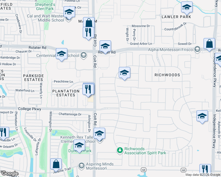 map of restaurants, bars, coffee shops, grocery stores, and more near 13110 Mardi Gras Lane in Frisco