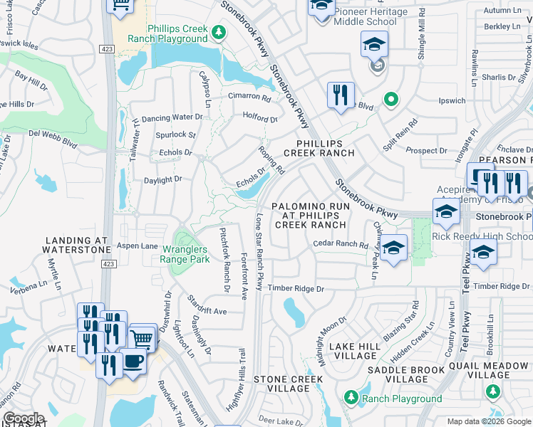 map of restaurants, bars, coffee shops, grocery stores, and more near 6493 Mountain Sky Road in Frisco