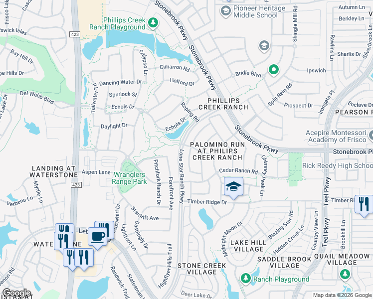 map of restaurants, bars, coffee shops, grocery stores, and more near 6493 Mountain Sky Road in Frisco