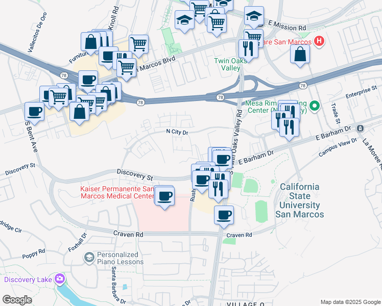 map of restaurants, bars, coffee shops, grocery stores, and more near 501 Gadget Road in San Marcos