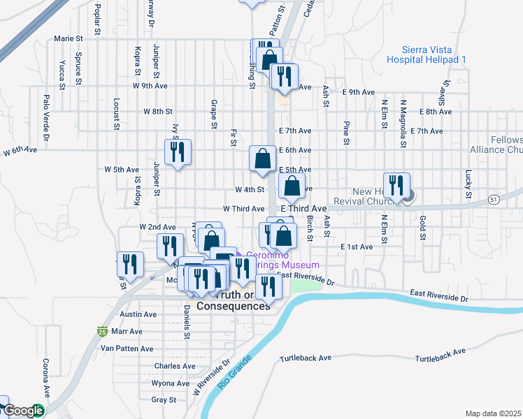 map of restaurants, bars, coffee shops, grocery stores, and more near 112 West 3rd Avenue in Truth or Consequences