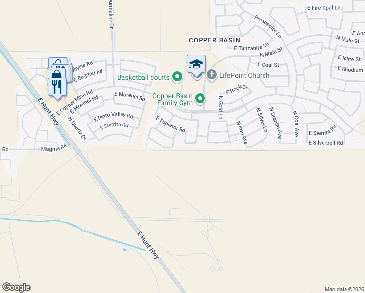 map of restaurants, bars, coffee shops, grocery stores, and more near 28018 North Titanium Lane in San Tan Valley