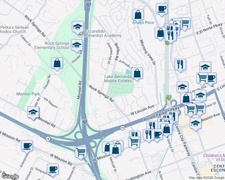 map of restaurants, bars, coffee shops, grocery stores, and more near 9 Citracado Lane in Escondido