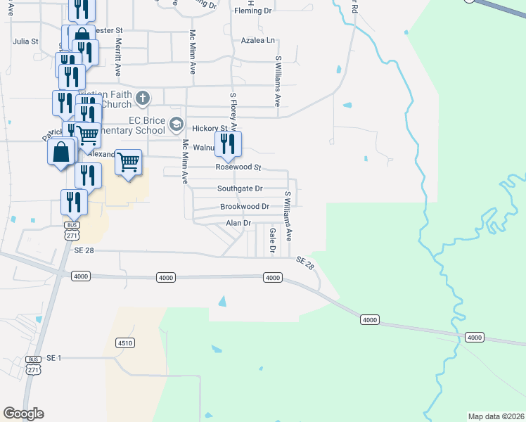 map of restaurants, bars, coffee shops, grocery stores, and more near 505 Brookwood Drive in Mount Pleasant