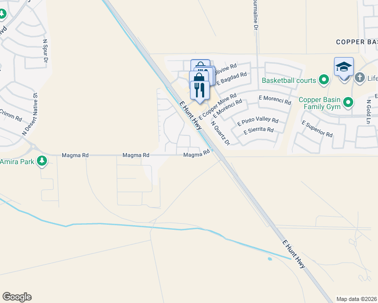 map of restaurants, bars, coffee shops, grocery stores, and more near 2300 East Magma Road in San Tan Valley