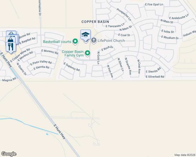 map of restaurants, bars, coffee shops, grocery stores, and more near 3864 East Sierrita Road in Queen Creek