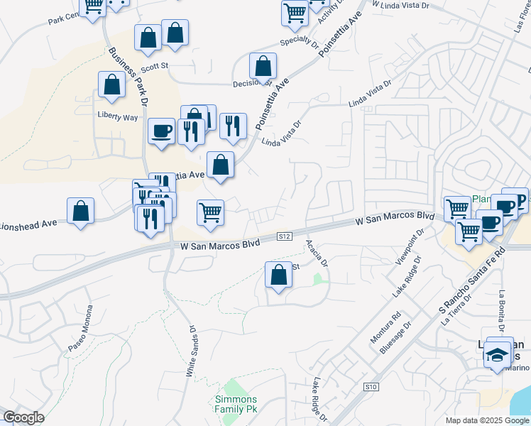 map of restaurants, bars, coffee shops, grocery stores, and more near 2333 Verano Way in Vista