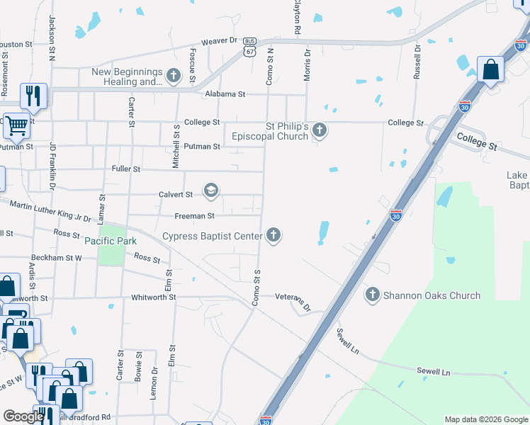 map of restaurants, bars, coffee shops, grocery stores, and more near 326 Como Street South in Sulphur Springs